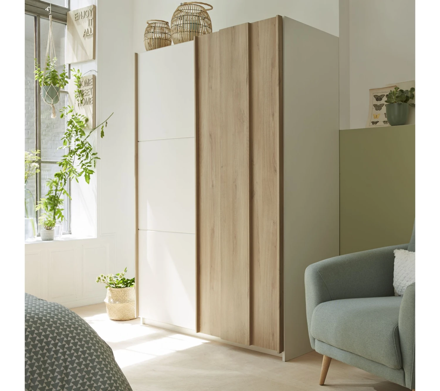 De gros 👏 LINEA NATURA Armoire 2 portes coulissantes L.140 cm HEVA imitation chêne et blanc 🌟 3 De gros 👏 LINEA NATURA Armoire 2 portes coulissantes L.140 cm HEVA imitation chêne et blanc 🌟