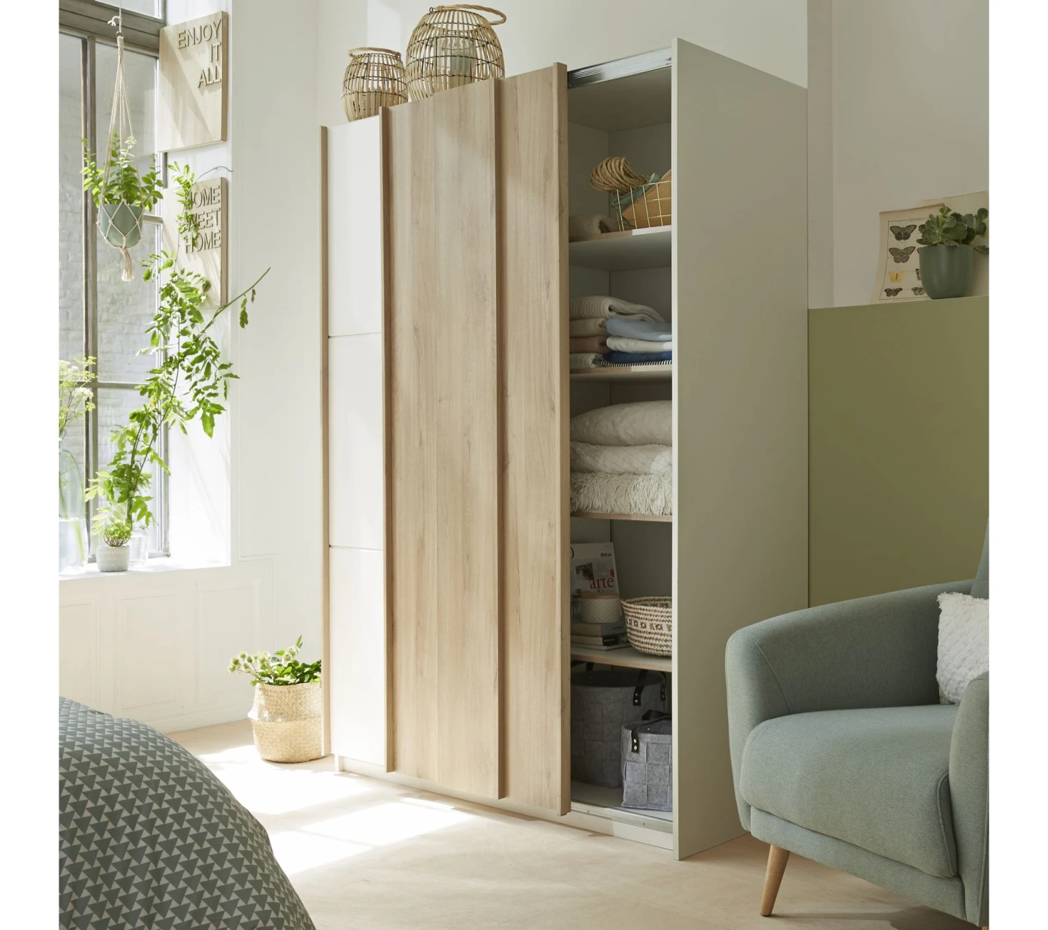 De gros 👏 LINEA NATURA Armoire 2 portes coulissantes L.140 cm HEVA imitation chêne et blanc 🌟 11 De gros 👏 LINEA NATURA Armoire 2 portes coulissantes L.140 cm HEVA imitation chêne et blanc 🌟 – Image 9
