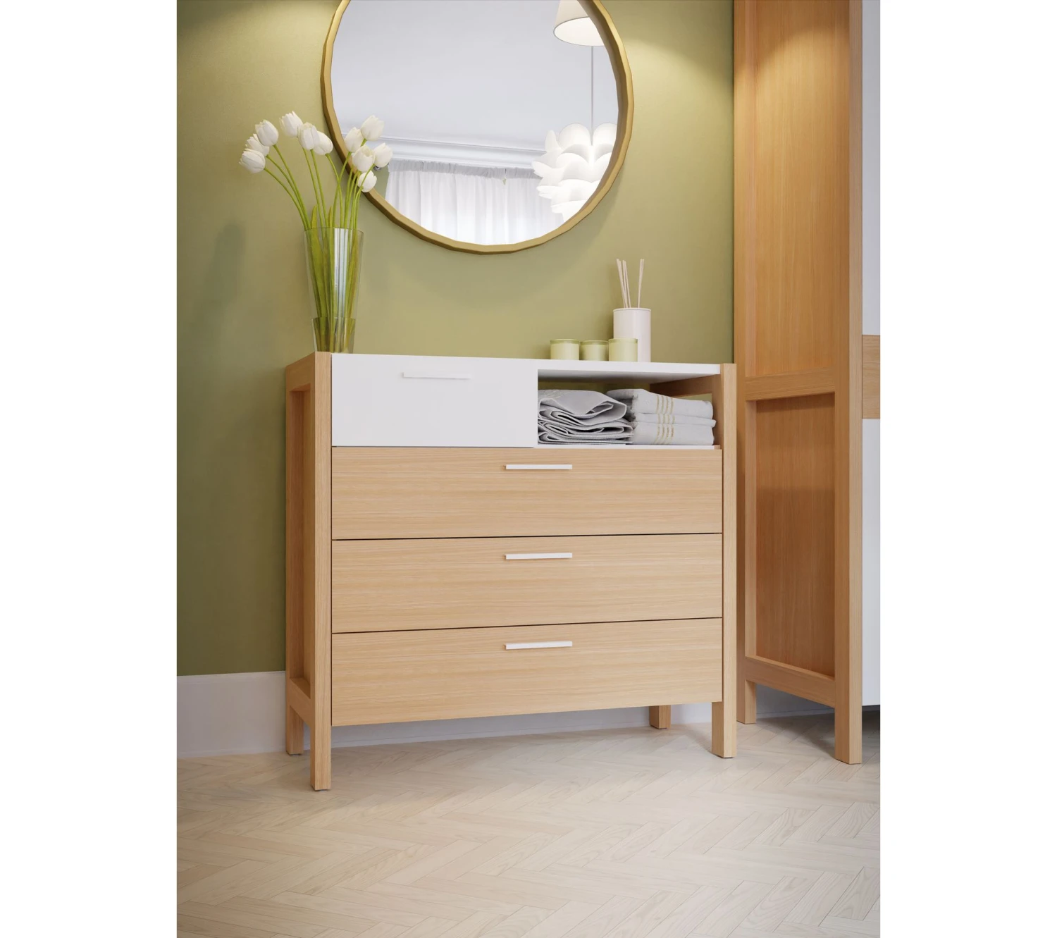 Nouveau ⌛ LINEA NATURA Commode 4 tiroirs OMBRONE blanc et imitation chêne ⌛ 3 Nouveau ⌛ LINEA NATURA Commode 4 tiroirs OMBRONE blanc et imitation chêne ⌛