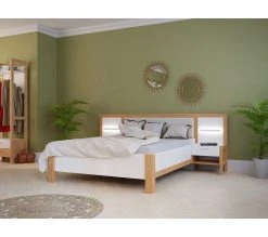 Meilleure affaire 👍 LINEA NATURA Lit 140x190 cm chevets et LED intégrés OMBRONE blanc et imitation chêne ✔️